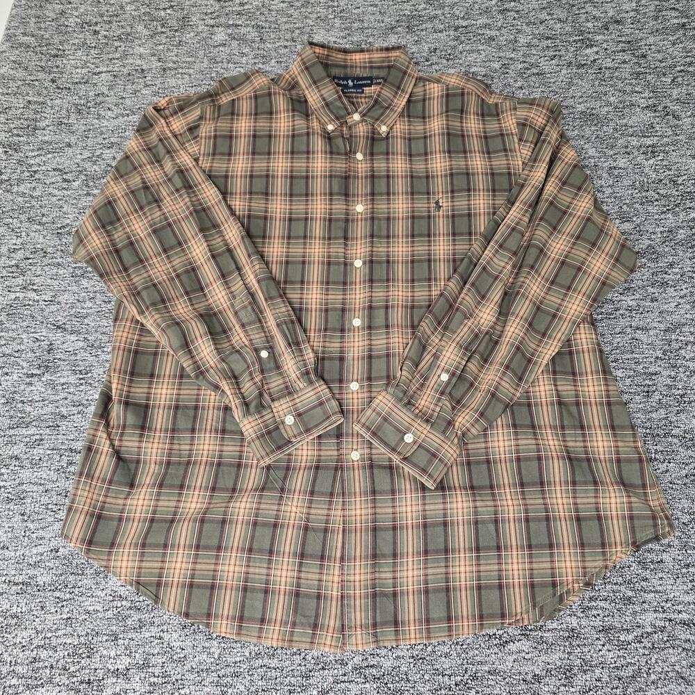 Ralph Lauren Classic Fit Button Down Shirt Men's XXL Olive Brown Red Plaid EUC